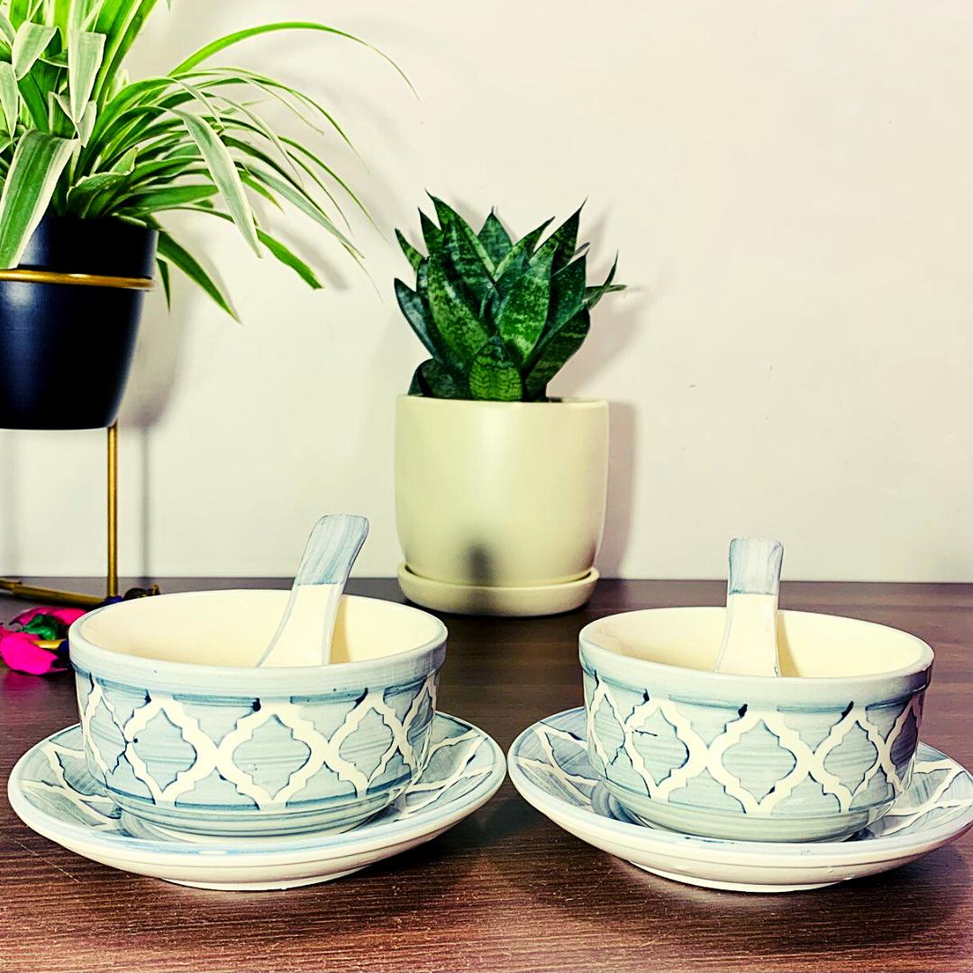Homefrills Ceramic Glossy Finish Large Soup / Cereal Bowls with Saucer and Spoon Set of Two Glossy Finish Suitable for Soup,Cereal etc. (270ml) Set of 2 (Colour-Grey)